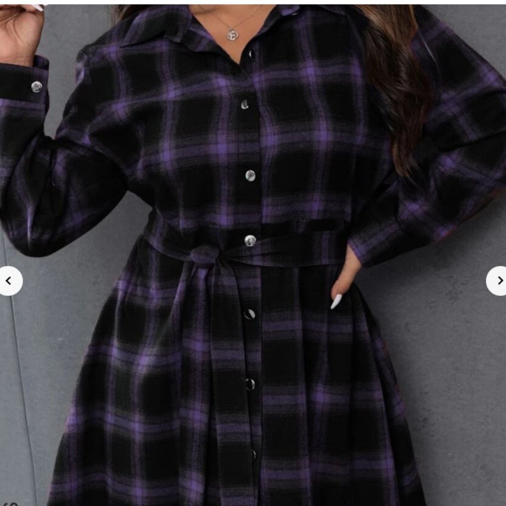 NEW SHEIN Plaid Button Front Belted Dress purple